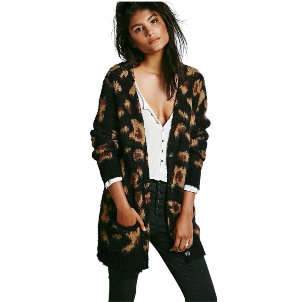 Free People Wool Blend Leopard Print Cardigan